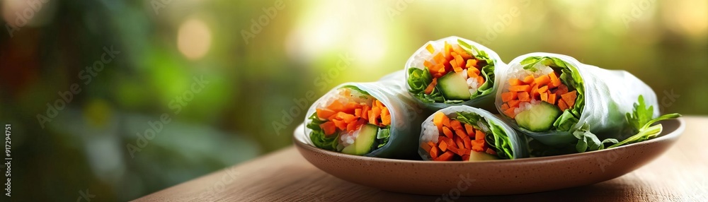 Fresh vegetable rice rolls served on a wooden plate, garnished with herbs, perfect for healthy eating and culinary presentations. Fresh vegetable rice rolls served on a wooden plate, garnished with herbs, perfect for healthy eating and culinary presentations.