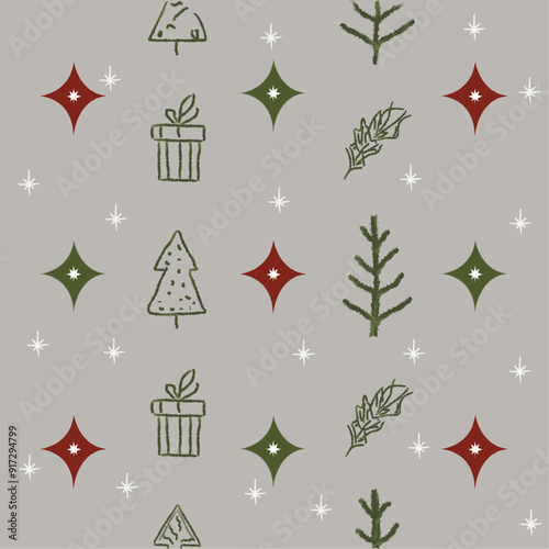 Christmas pattern, Seamless vector pattern with cute Christmas gift box, stars, with pine trees. Perfect for textile, wallpaper, or print design. isolated on a white, horizontal image. Exclude people.