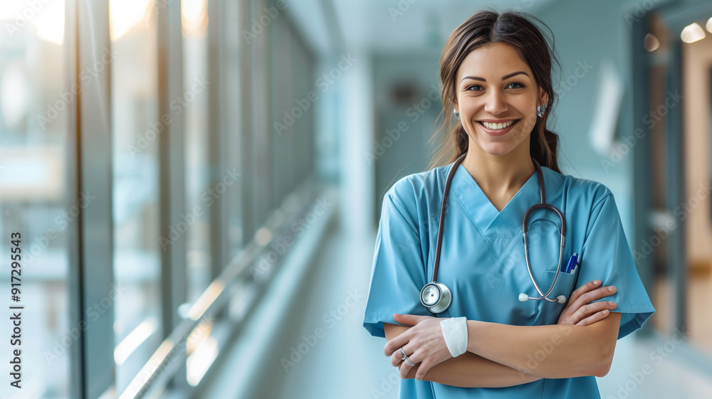 A smiling nurse standing confidently in a hospital corridor, holding a stethoscope A smiling nurse standing confidently in a hospital corridor, holding a stethoscope