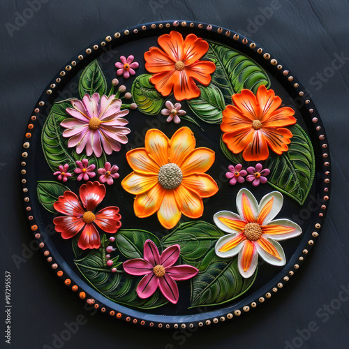 flower rangoli on dark background photo