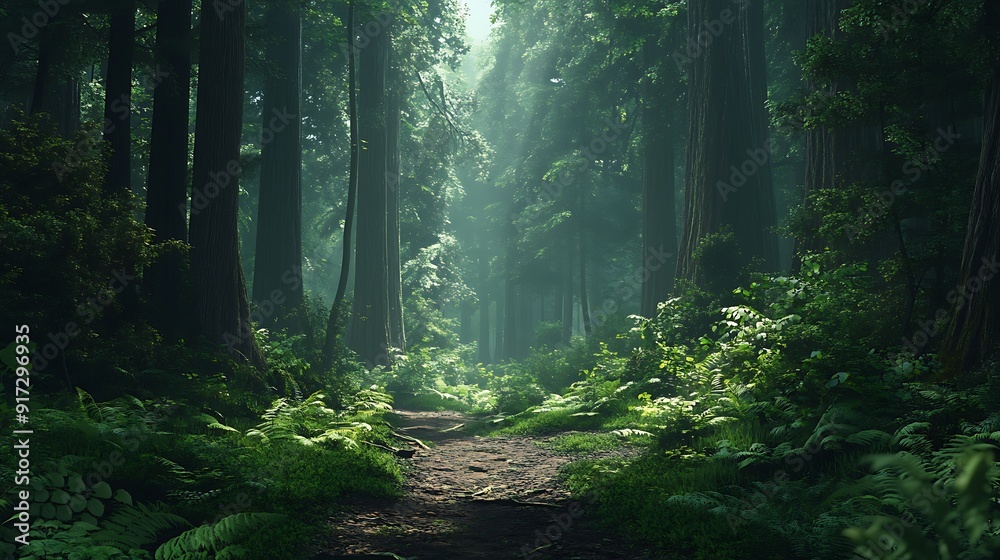 Obraz premium Sunbeams Through a Misty Forest Path