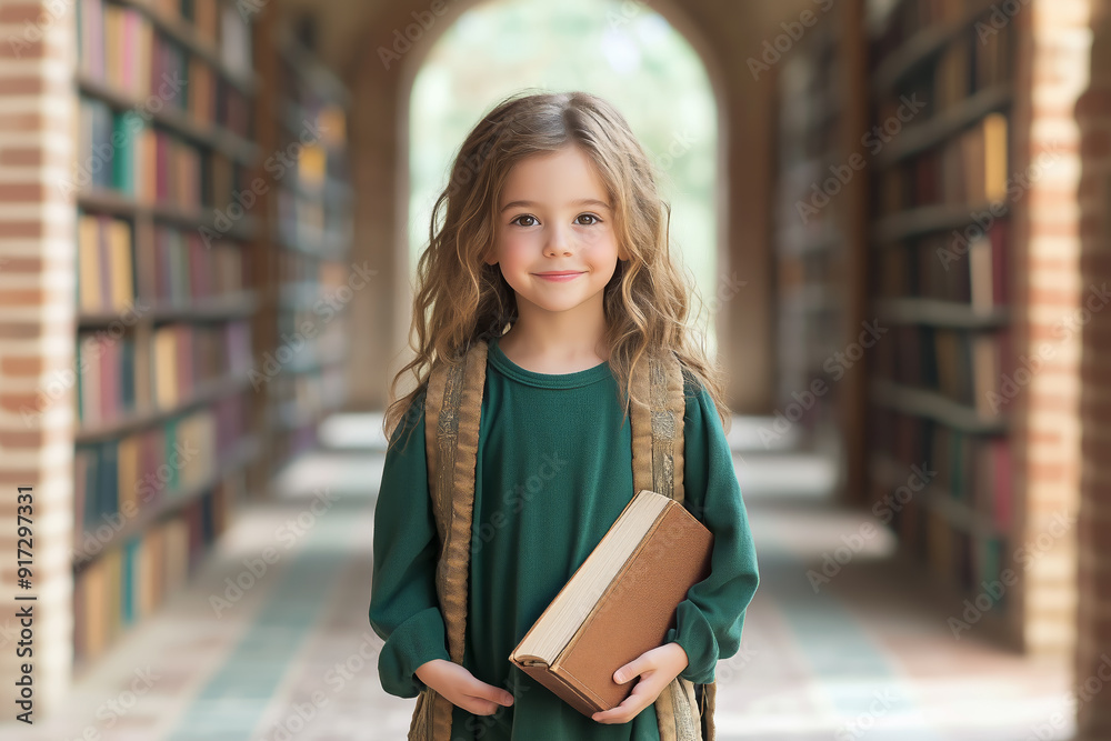 Young girl with backpack holding a book, standing in a library hallway with bookshelves on both sides Young girl with backpack holding a book, standing in a library hallway with bookshelves on both sides