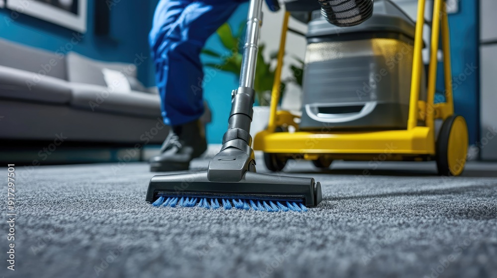 A person vacuuming a carpet with a cleaning cart nearby. A person vacuuming a carpet with a cleaning cart nearby.