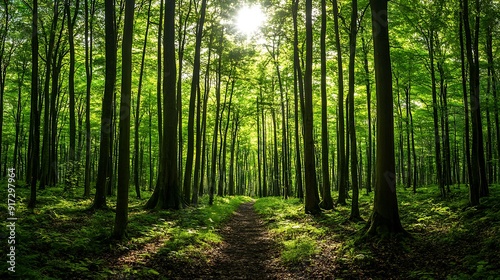 Sunlit Path Through a Dense Green Forest