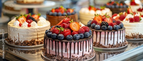 Assorted cakes on display, beautifully decorated with fruits and chocolate