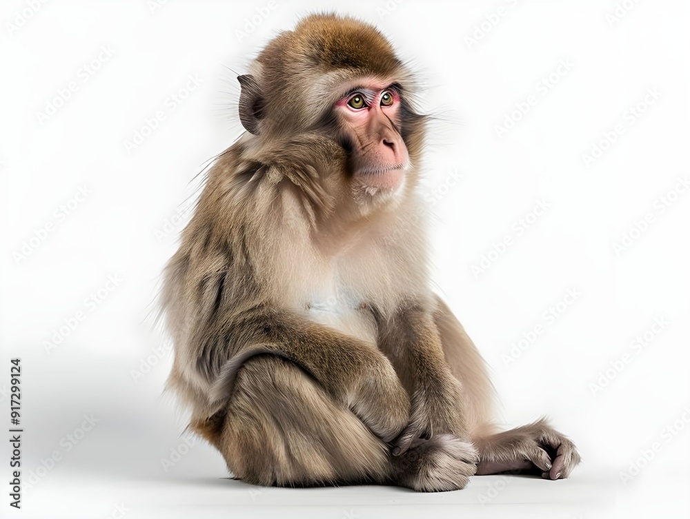 A reflective monkey sits peacefully on a white background, showcasing its furry coat and expressive eyes A reflective monkey sits peacefully on a white background, showcasing its furry coat and expressive eyes