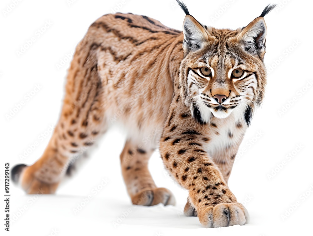 Lynx walking confidently across a light background in a natural pose Lynx walking confidently across a light background in a natural pose