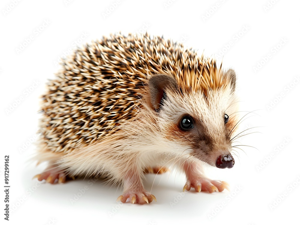 A hedgehog stands on a white surface, showcasing its distinct spines and curious expression A hedgehog stands on a white surface, showcasing its distinct spines and curious expression