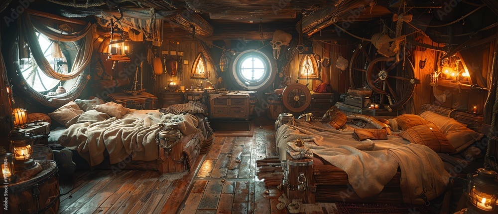 Naklejka premium Dimly lit, cluttered pirate ship cabin with warm lantern light