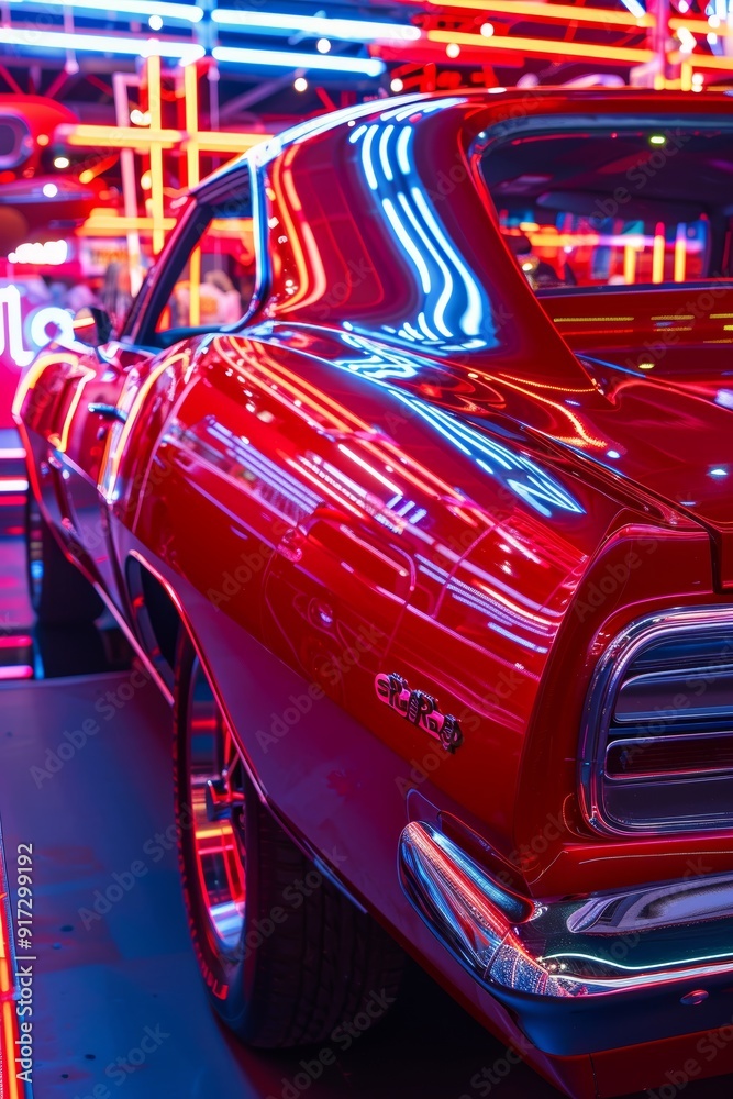 Classic Muscle Car with Bold Lines and Neon Lights: Retro Car Show Display for Posters or Cards Classic Muscle Car with Bold Lines and Neon Lights: Retro Car Show Display for Posters or Cards