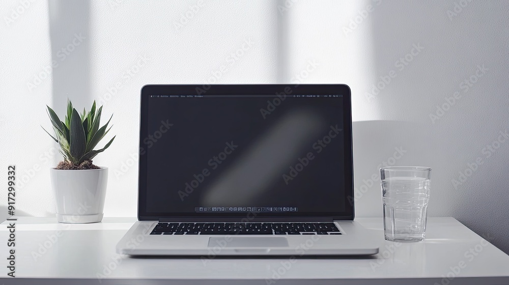 Fototapeta premium A minimalistic workspace featuring a laptop, a plant, and a glass of water.