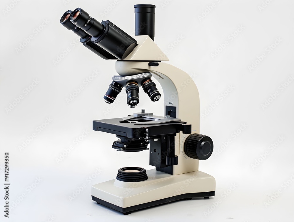 Microscope with multiple lenses on a clean, white background for educational or laboratory use Microscope with multiple lenses on a clean, white background for educational or laboratory use
