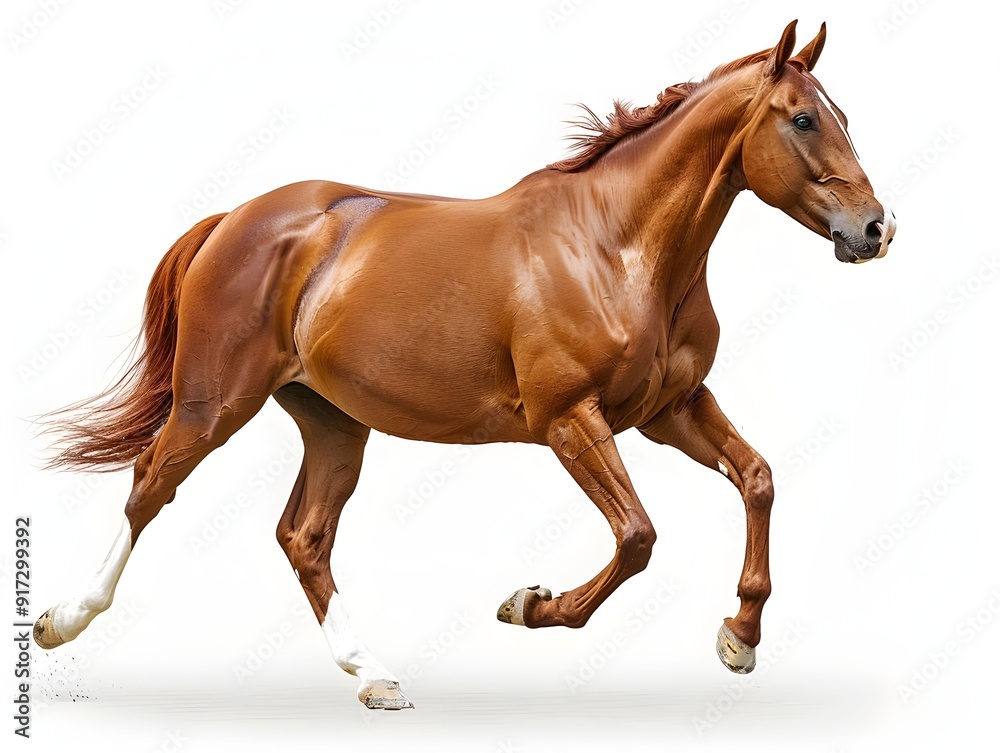 Obraz premium A brown horse galloping gracefully in a sunny field during the afternoon