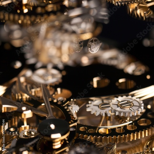 Macro Closeup of Gold Cogs in a Mechanical Clock.