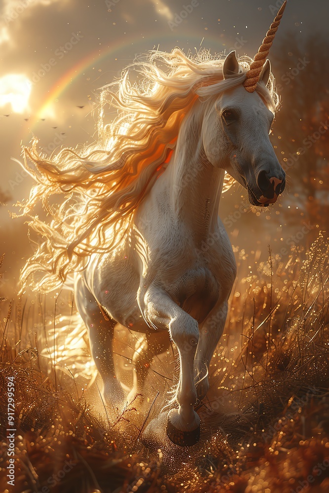 Majestic unicorn galloping through a golden meadow with a rainbow in the sky, dramatic sunset lighting, ethereal atmosphere Majestic unicorn galloping through a golden meadow with a rainbow in the sky, dramatic sunset lighting, ethereal atmosphere