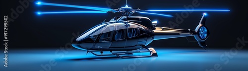 Hightech futuristic helicopter with blue lights on a white background