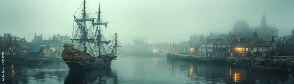 Naklejka premium Pirate ship docked in a foggy, old town harbor, with towering buildings and misty atmosphere