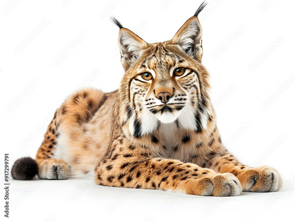 Obraz premium Lynx resting on a white background showcasing its distinctive fur patterns and alert expression