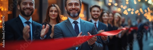 Business People Holding Red Ribbon at Ceremony, Cutting Scissors and Clapping for New Office or Store Opening on City Street, Web Banner with Copy Space on Right

