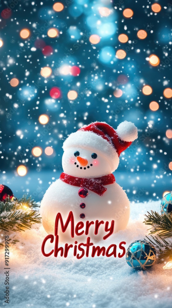 Merry Christmas words on snow next to a toy snowman in Santa hat, Xmas balls and lights. New Year seasonal vertical card Merry Christmas words on snow next to a toy snowman in Santa hat, Xmas balls and lights. New Year seasonal vertical card