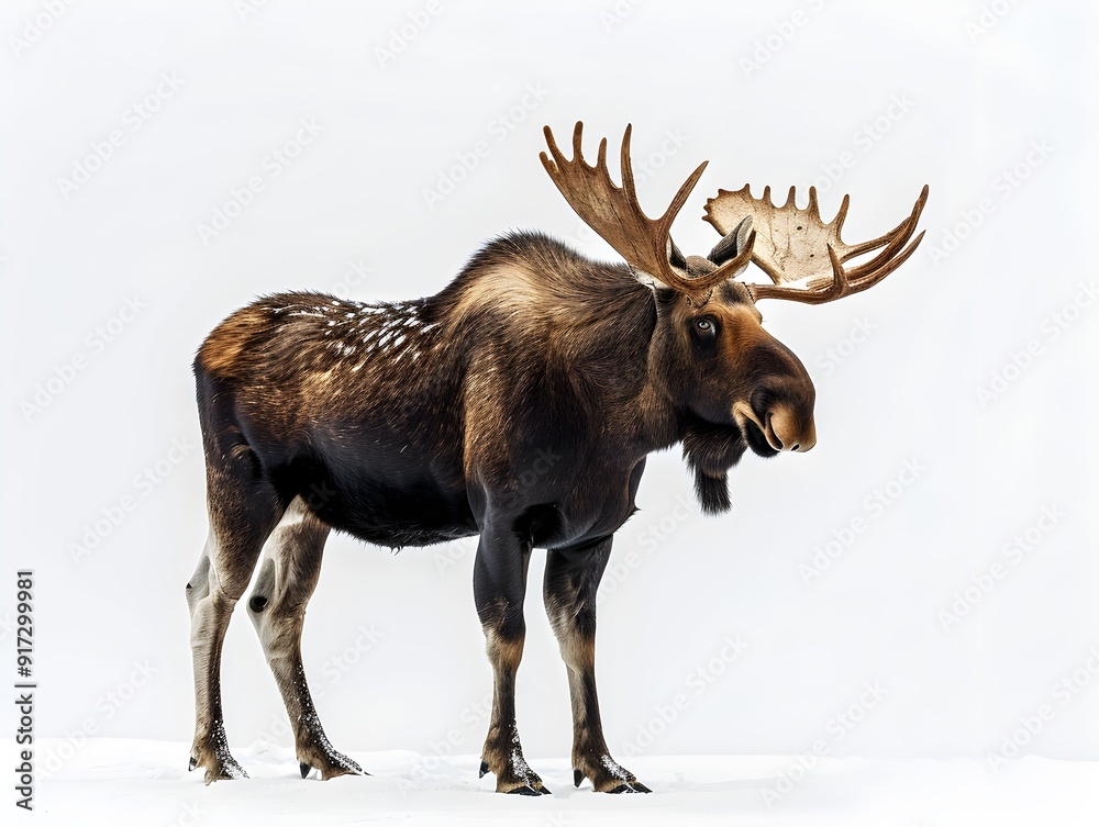 Moose standing on a white background, showcasing its antlers and distinctive features in a studio setting Moose standing on a white background, showcasing its antlers and distinctive features in a studio setting