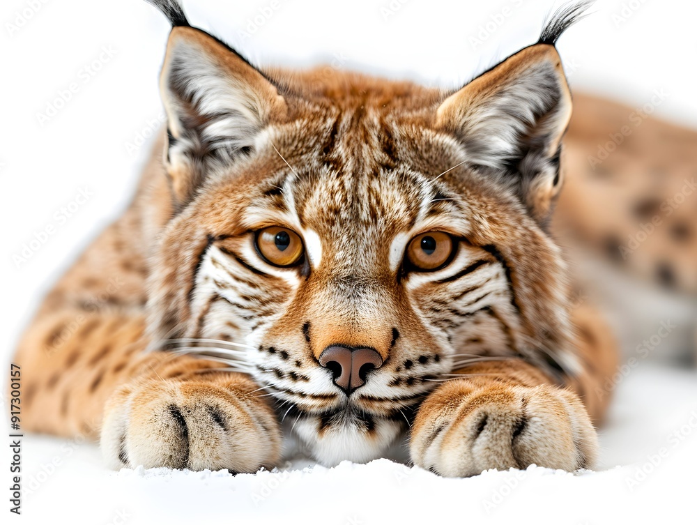 A Eurasian lynx resting in the snow, showcasing its distinctive fur and expressive eyes during winter A Eurasian lynx resting in the snow, showcasing its distinctive fur and expressive eyes during winter