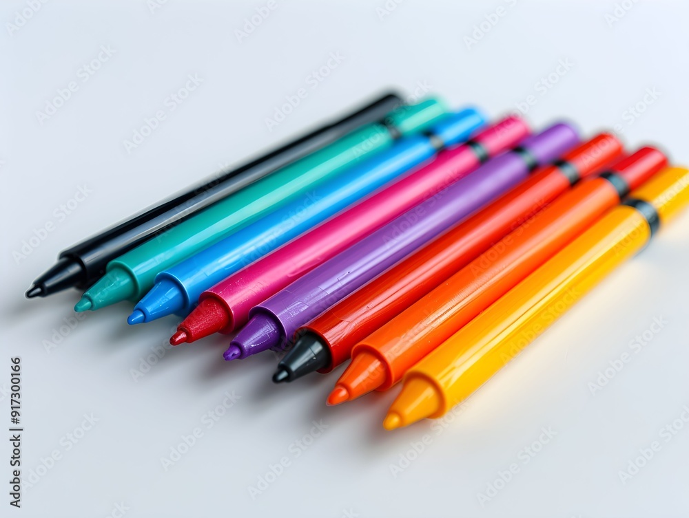 Fototapeta premium Colorful felt-tip markers arranged in a line on a light surface