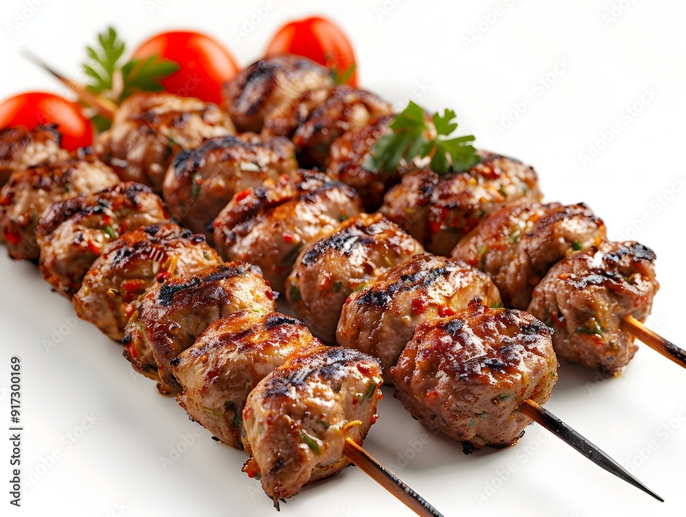 Grilled meat skewers with fresh herbs and tomatoes on a white plate during a summer barbecue gathering Grilled meat skewers with fresh herbs and tomatoes on a white plate during a summer barbecue gathering