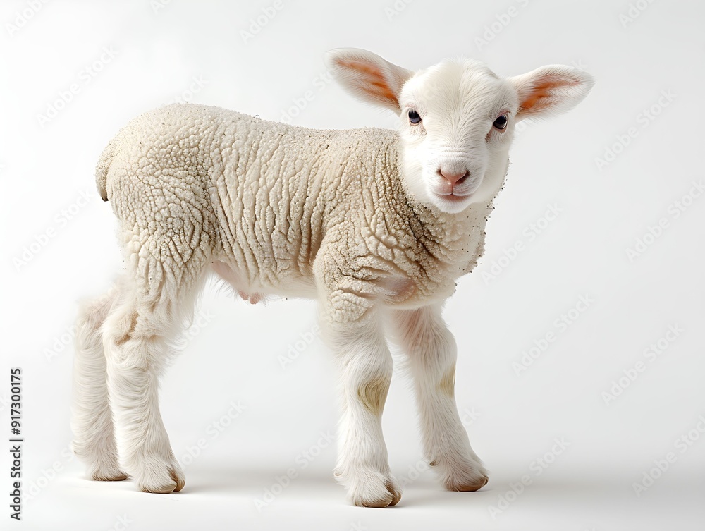 A playful lamb stands on a white background, showcasing its soft wool and curious expression in bright lighting A playful lamb stands on a white background, showcasing its soft wool and curious expression in bright lighting