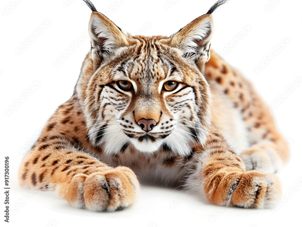 A lynx resting on a white background, showcasing its distinctive spotted fur and alert expression A lynx resting on a white background, showcasing its distinctive spotted fur and alert expression