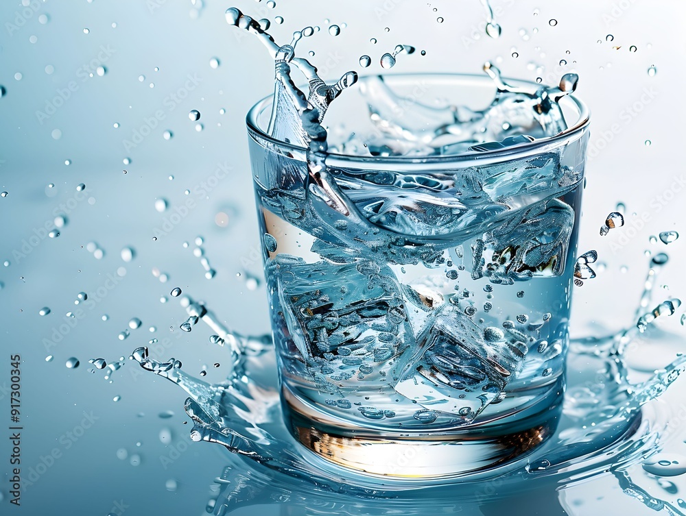 Water splashing from a glass filled with ice cubes on a reflective surface Water splashing from a glass filled with ice cubes on a reflective surface