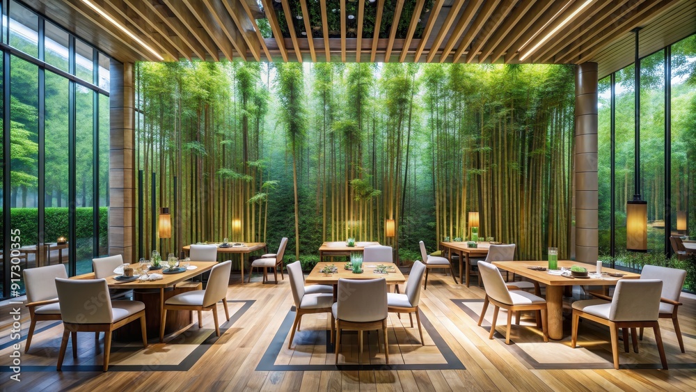 Fototapeta premium Serene and elegant bamboo forest restaurant setting , zen, tranquil, nature-inspired, green, peaceful, Asian