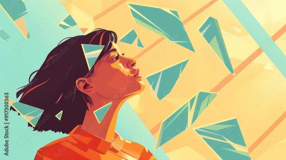 Glass ceiling, woman trying to break through, flat design illustration