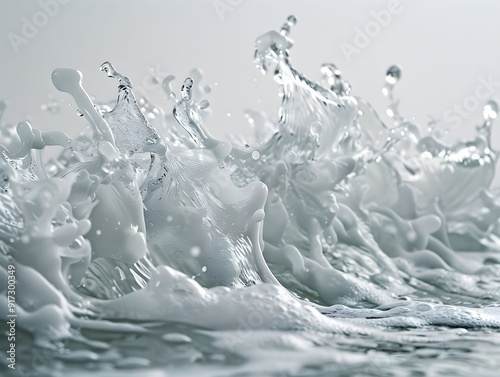 Dynamic water splashes creating an abstract pattern in a gray setting photo