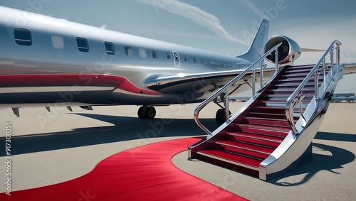 Vip luxury red carpet on stairs to private jet airplane. Airplane on airport red carpet stairs.