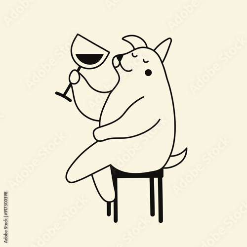 Vector illustration with dog and wine glass. Party flyer print, home or bar wall decoration poster, apparel print design, wine bottle print element template