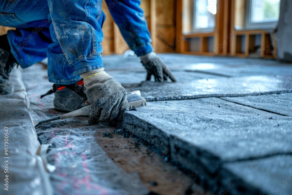 Worker Installing Recycled Denim Insulation in Home Renovation Highlighting Eco-Friendly Construction Materials Worker Installing Recycled Denim Insulation in Home Renovation Highlighting Eco-Friendly Construction Materials