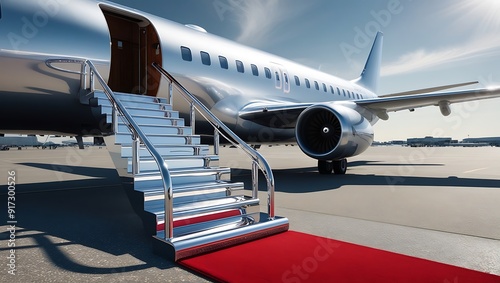 Vip luxury red carpet on stairs to private jet airplane. Airplane on airport red carpet stairs.