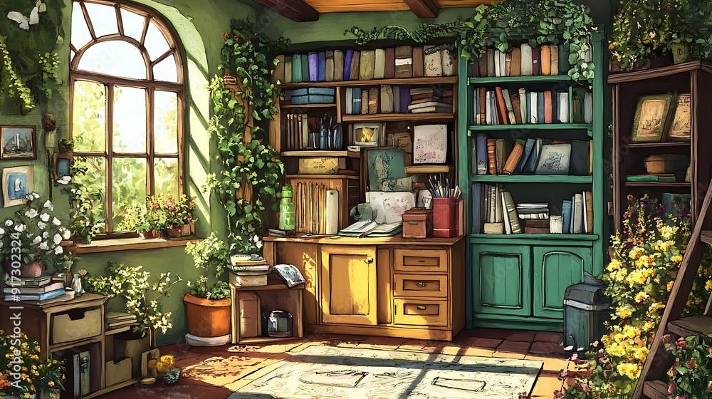 Sunlit Study with Bookshelves, Plants, and a Window Sunlit Study with Bookshelves, Plants, and a Window