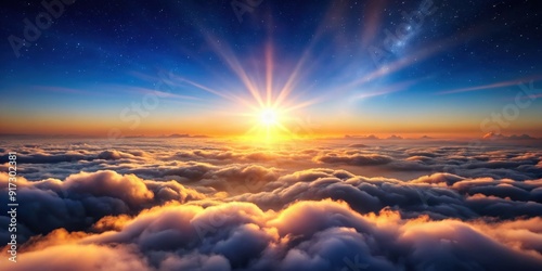 Sun rising above clouds and night sky, sunrise, morning, dawn, sky, sun, above, clouds, atmospheric, nature, celestial