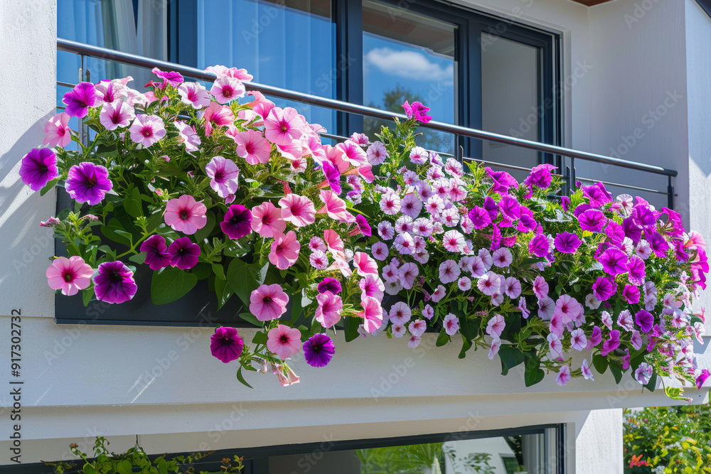 Fototapeta premium Colorful Petunia flowers in pots on the balcony terrace. Summer blooming flowers in window planters boxes adorning white apartment building. Urban gardening landscaping design