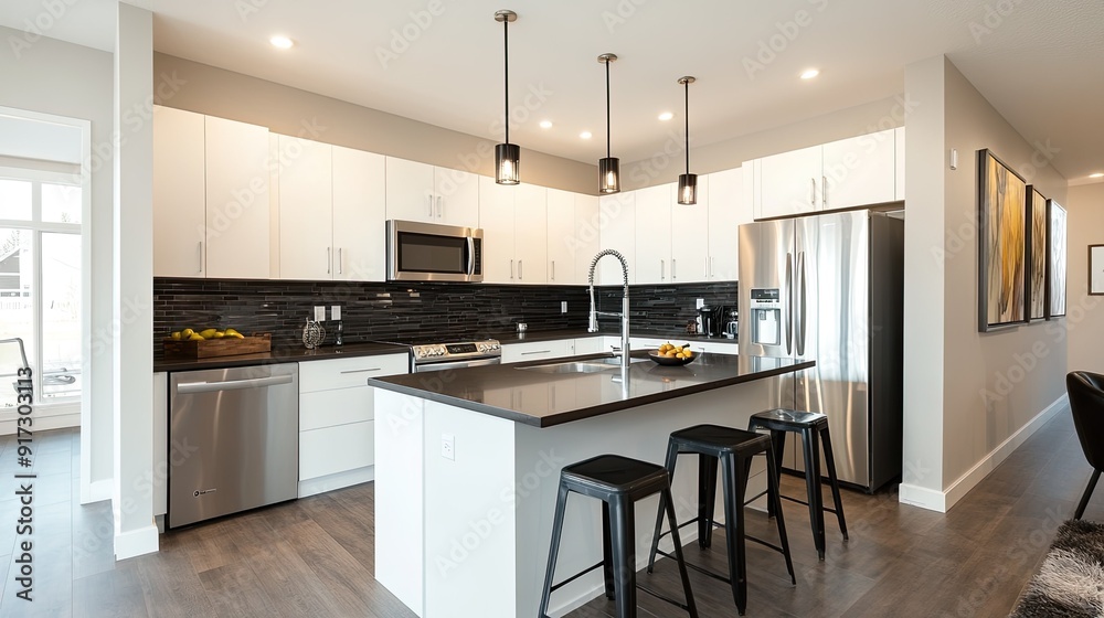 Modern kitchen with sleek design, island, and stainless steel appliances. Modern kitchen with sleek design, island, and stainless steel appliances.