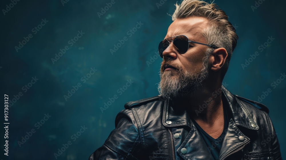 Obraz premium A man with a beard and sunglasses, wearing a leather jacket, dynamic pose, side profile, solid background