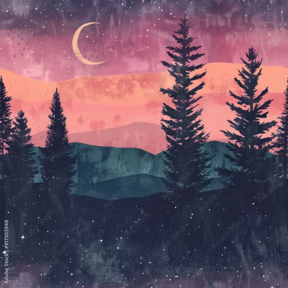 Fototapeta premium Night Sky with Pine Trees and Crescent Moon.