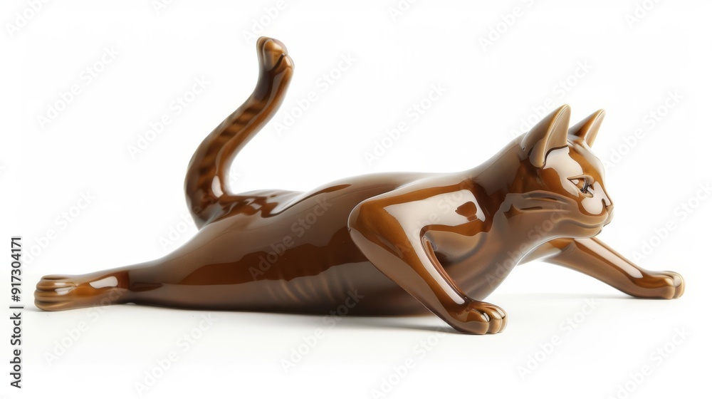 Fototapeta premium Ceramic cat stretching, elegant pose, glossy finish, isolated on white background