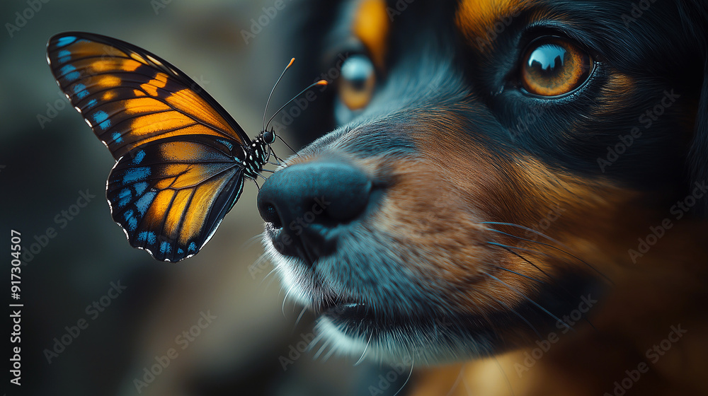 Closeup of a yellow and blue butterfly perches on the tip of the nose of a dog