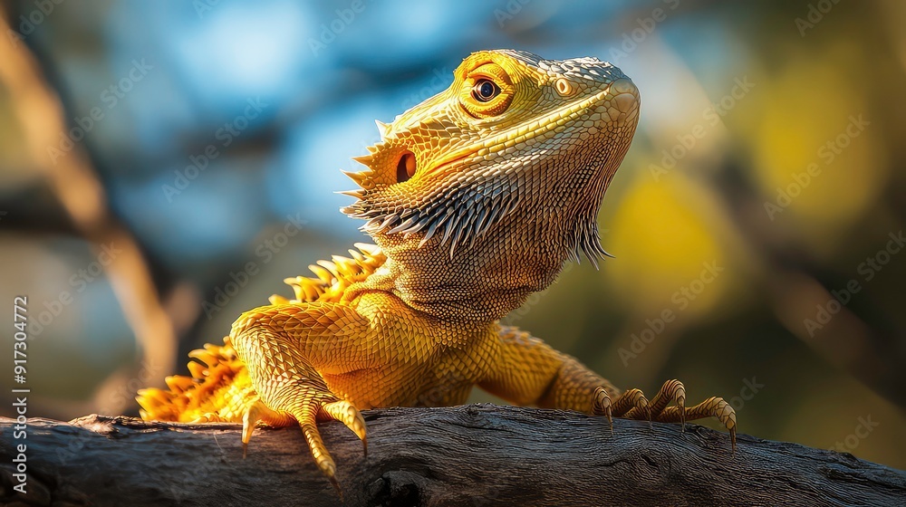 Fototapeta premium A yellow lizard with spiky skin and sharp claws, perched on a branch, looking up.