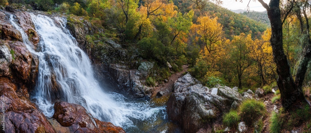 Waterfall Cascading Through Rocks in Autumn Forest Waterfall Cascading Through Rocks in Autumn Forest