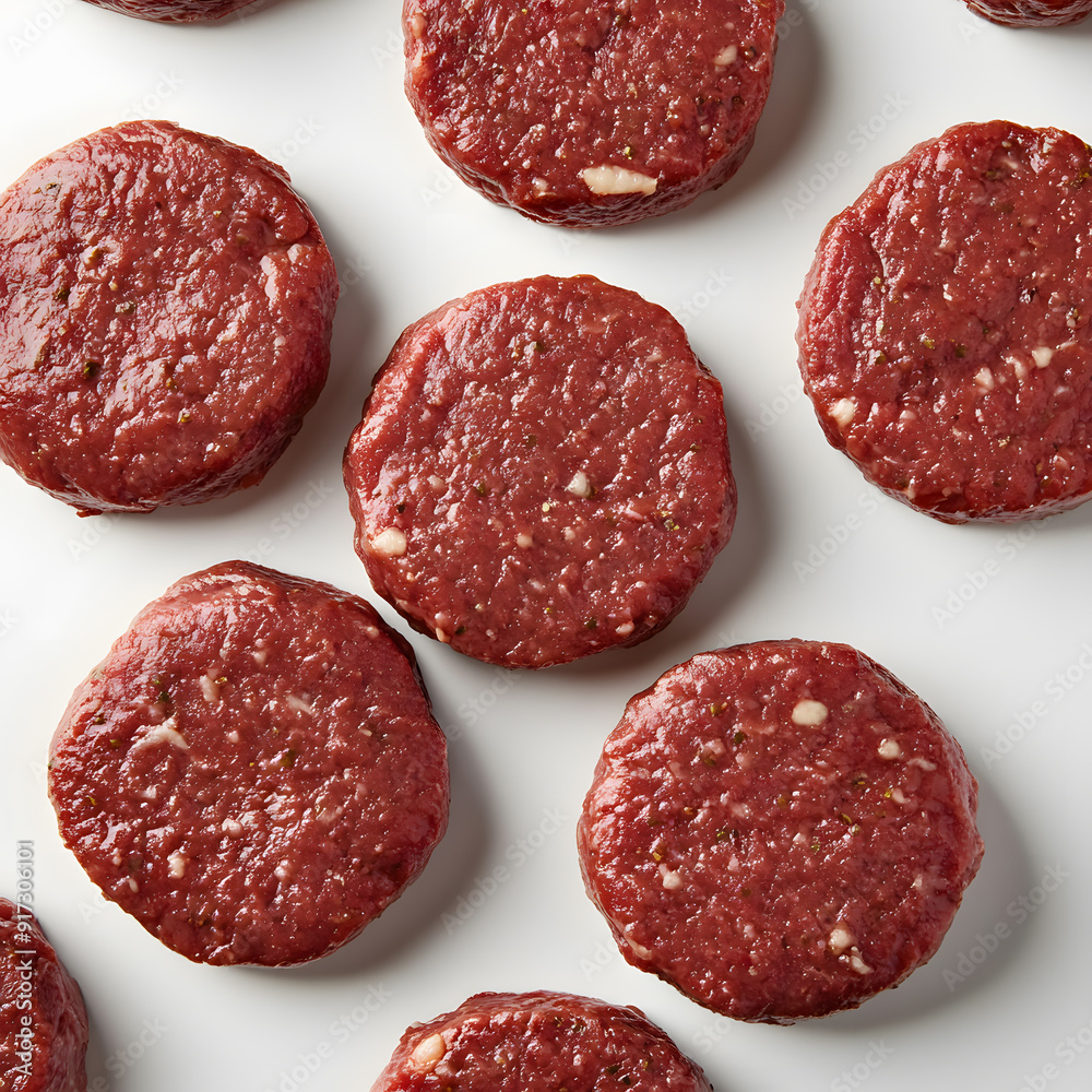 Uncooked beef burgers patty background isolated on a white background