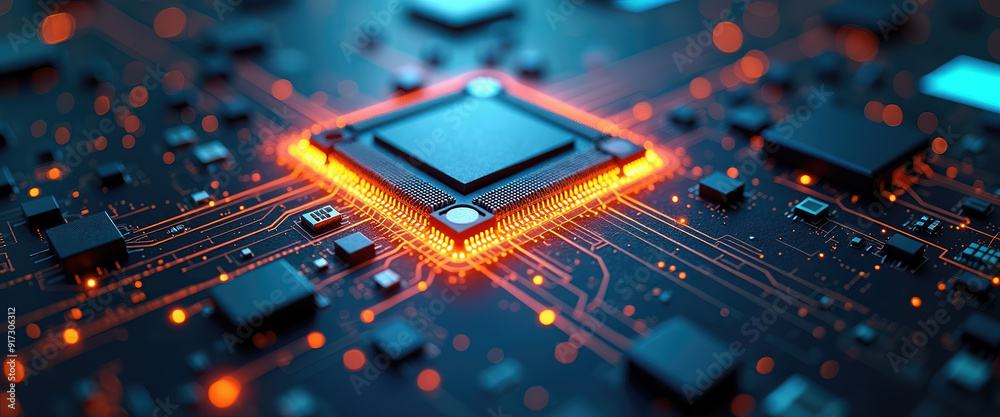 Futuristic Technology Background: Abstract Circuit Board with Glowing IC Chip Futuristic Technology Background: Abstract Circuit Board with Glowing IC Chip